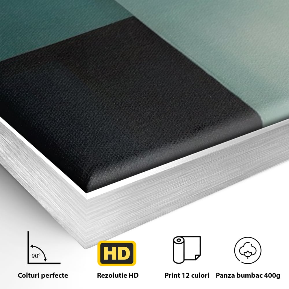 Detaliu al suprafetei: tablou canvas cu forme geometrice, in rama de aluminiu argintiu